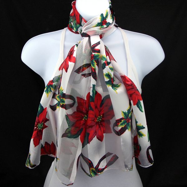 Red Poinsettia Womens Scarf Christmas Holly Holiday White Scarves ...