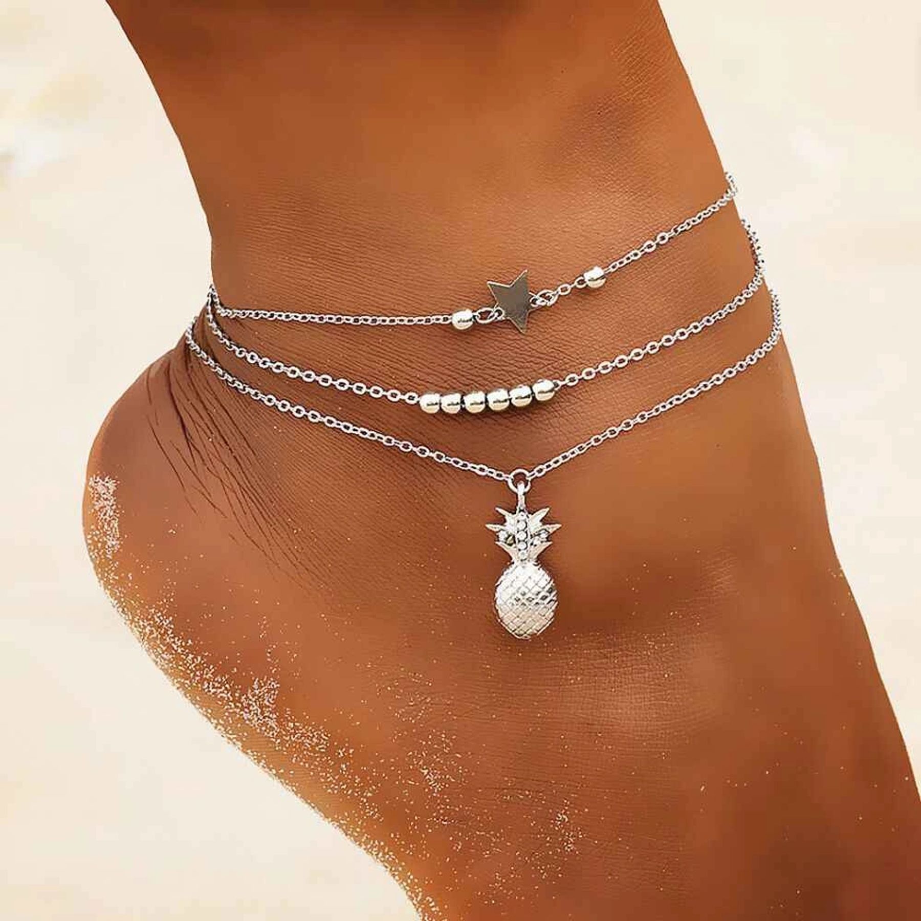 Academyus 2Pcs Fashion Star Beads Pineapple Women Beach Ankle Chain Anklet Foot Jewelry 