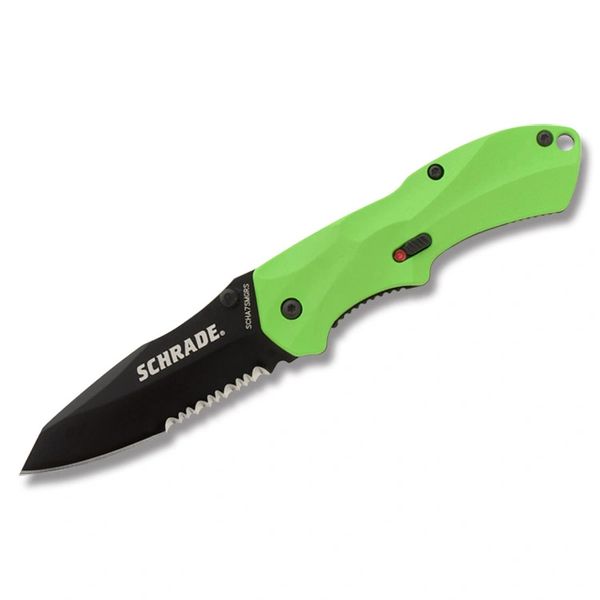 Schrade Small Assisted Black Blade Green Handle Knife Serrated