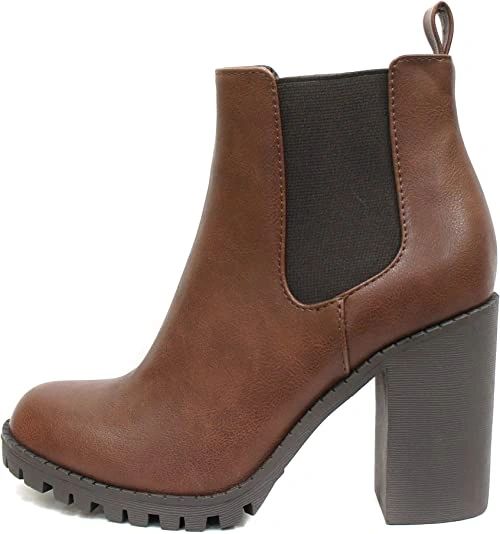 Women's Elastic Gore and Chunky High Heel Ankle Boots, Brown