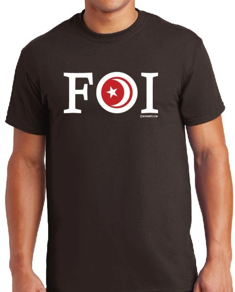 FOI WHITE ON BROWN SHIRT