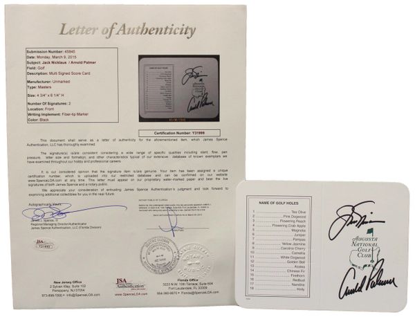 Jack Nicklaus / Arnold Palmer signed Augusta National Golf Club Scorecard - JSA Authenticated # Y31999