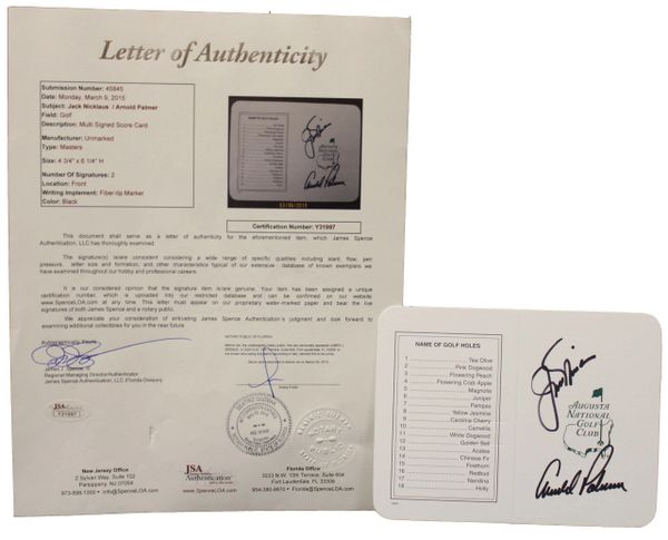 Jack Nicklaus / Arnold Palmer signed Augusta National Golf Club Scorecard - JSA Authenticated # Y31997
