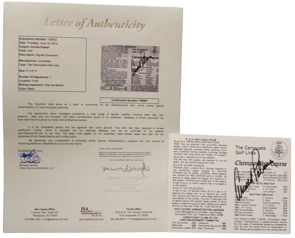 Arnold Palmer Signed Carnoustie Golf Links Scorecard - JSA Authenticated #Y59587