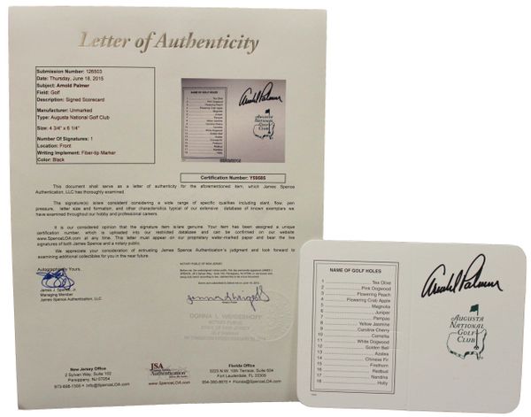 Arnold Palmer Signed Augusta National Golf Club Scorecard - JSA Authenticated # Y59585