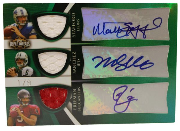 2009 Topps Triple Threads Football, Matthew Stafford / Mark Sanchez / Josh Freeman Autographed, Topps Authenticated - 1 of 9