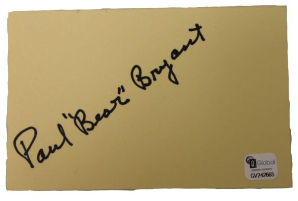 Bear Bryant Autographed Index Card - GAI Authenticated #GV242665