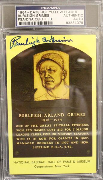 1964, Date HOF Yellow Plaque, Burleigh Grimes, PSA/DNA Certified