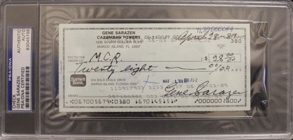 Gene Sarazen Signed Personal Check - PSA/DNA Certified