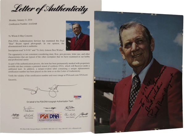 Bear Bryant Autographed 8x10 Photo - PSA/DNA Authenticated