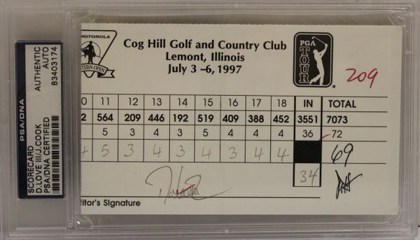 Davis Love III and John Cook Signed Cog Hill Golf And Country Club Score Card July 3-6, 1997 PSA/DNA Authenticated