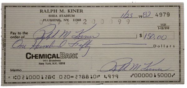 Ralph Kiner MLB HOF Triple Signed Shea Stadium Check