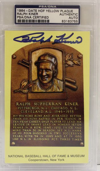 1964 Date HOF Yellow Plaque Ralph Kiner PSD/DNA Certified