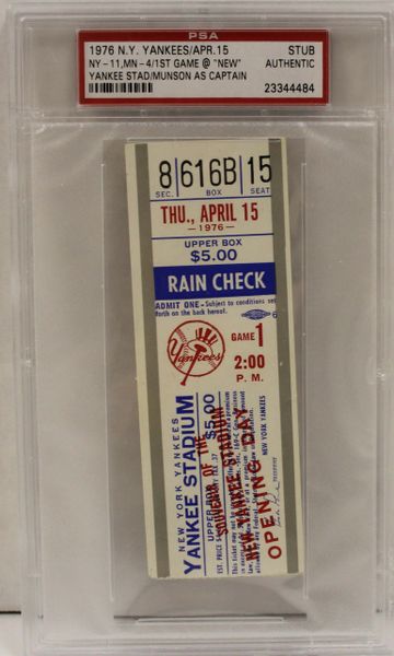 1976 N.Y. Yankees Opening Day Ticket, Munson As Captain, PSA Authentic