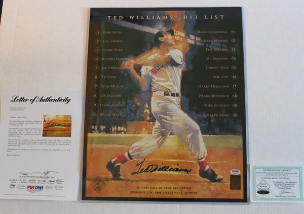 Ted Williams Top Twenty Hit List Signed Print - PSA / DNA Authenticated