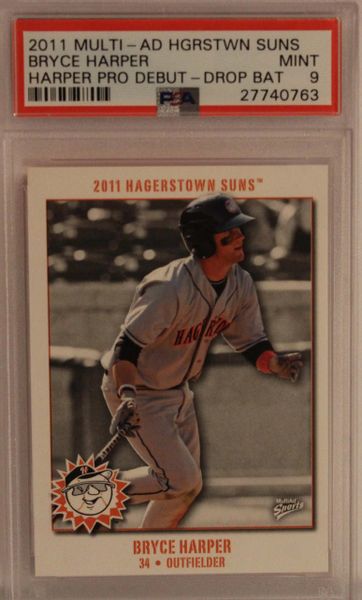 2011 MULTI-AD HGRSTWN SUNS - Bryce Harper- Harper Pro Debut - Drop BAT - PSA9