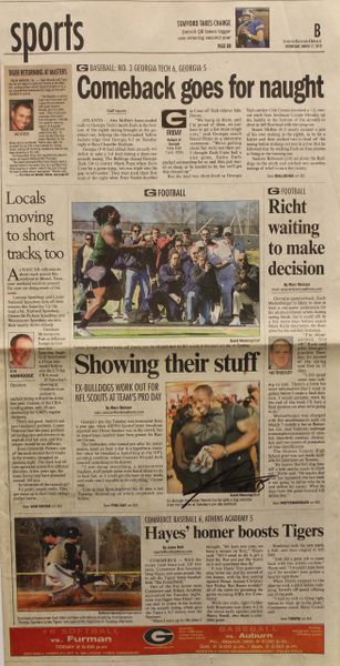 Rennie Curran - Autographed Athens Banner-Herald- Ex-Bulldogs Work Out For NFL Scouts At Team's Pro Day - March 17, 2010