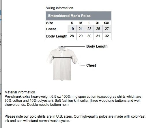 Polo Shirt Size Chart