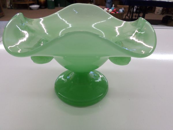 Fenton Art Glass Jadeite Dolphin Koi Fish Double Handle Pedestal Bowl Compote