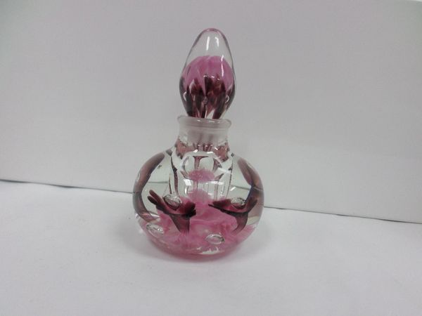 Joe Rice Hand Blow Glass Perfume Bottle Pink/Deep Red Flowers