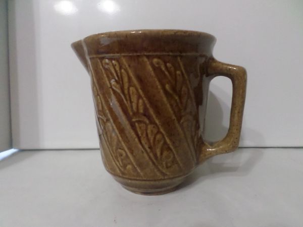 Vintage Brown Glazed Pottery Stoneware Small Laurel Leaf Pattern Pitcher USA