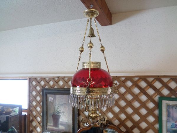 Antique Victorian Hanging Parlor Oil Lamp Ruby Shade and Crystal Prisms