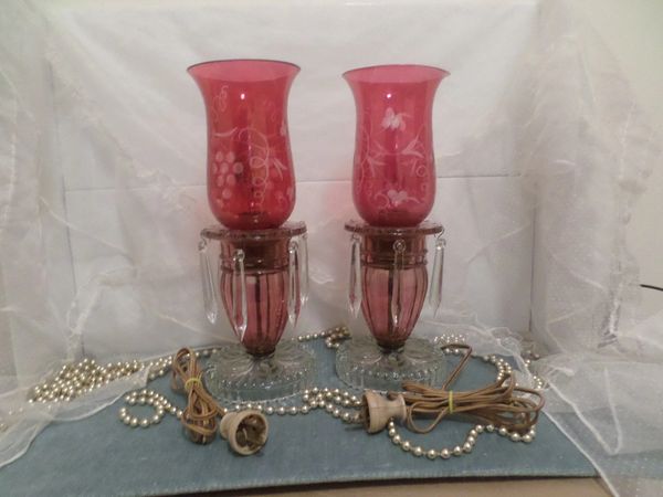 Cranberry Cut Glass Boudoir Vintage Table Lamps Etching on Shades & Hanging Prisms