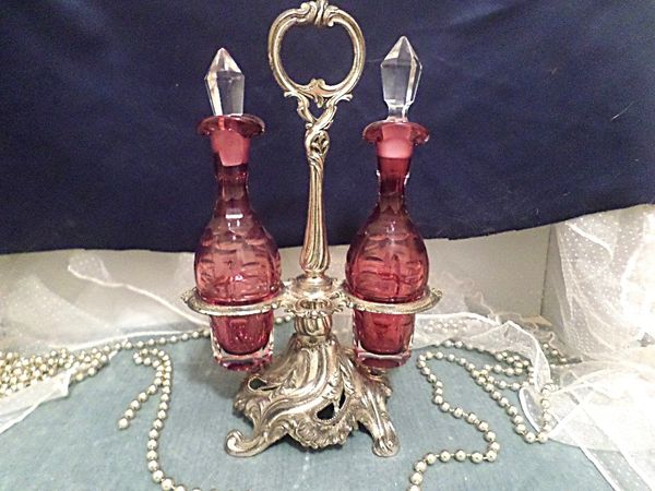 Cranberry Cut Glass Cruet Caster Set Vintage Victorian Style