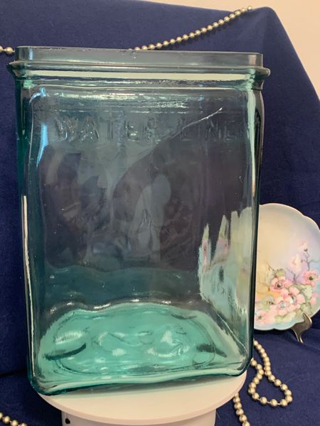 Battery Aqua Rectangular Depression Glass Vintage Jar KXG13 Made in U.S.A.