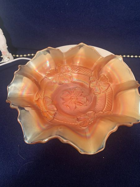 Apple Blossom Carnival Glass Iridescent Marigold 7" Ruffled Bowl Dugan Glass