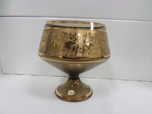 Bohemia Amber Glass Compote with a stunning Gold Peacock Design made in Czechoslovakia