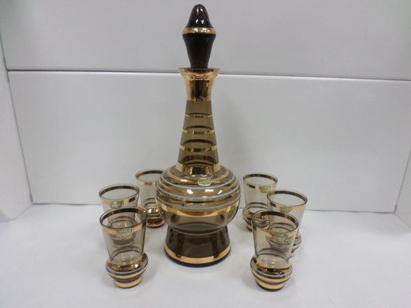 Bohemia Crystal Liquor Wine Decanter Set with Six Shot Glasses made in Czechoslovakia