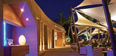 Outdoor Shade Sail providing sun shade at Amathus Hotel in Limassol, Cyprus by Shadeports Plus.