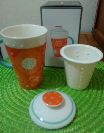 Orange Flowered Ceramic Tea Cup and Infuser