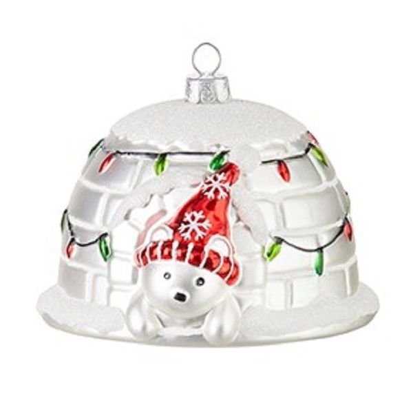 RAZ Imports 4" Polar Bear & Igloo Christmas Glass Ornament In The