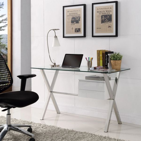 White desk with glass deals top and drawers