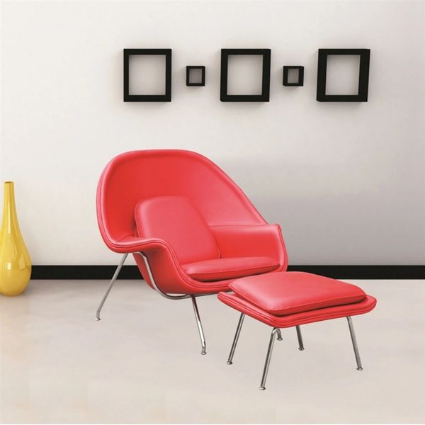 Saarinen Style Leather Womb Chair w/ Ottoman - Red