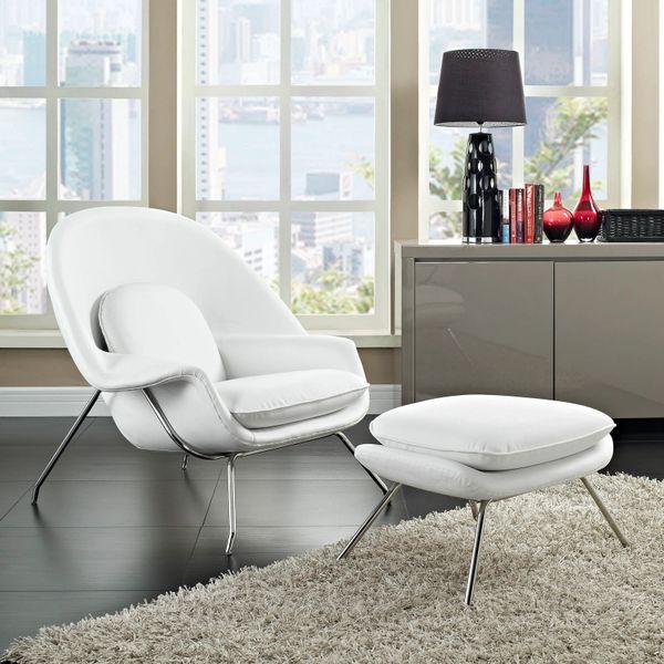 Saarinen Style Leather Womb Chair w/ Ottoman - White