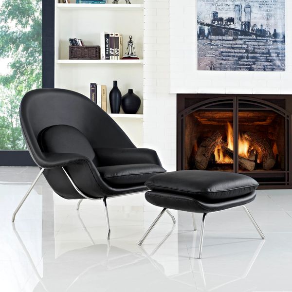 Saarinen Style Leather Womb Chair w/ Ottoman - Black
