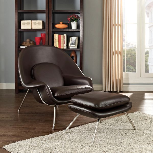 Saarinen Style Leather Womb Chair w/ Ottoman - Brown