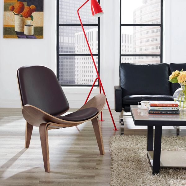 Hans Wegner Style Lounge Chair - Walnut & Brown