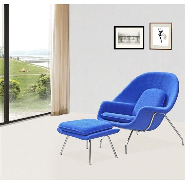 Saarinen Style Wool Fabric Womb Chair w/ Ottoman - Blue