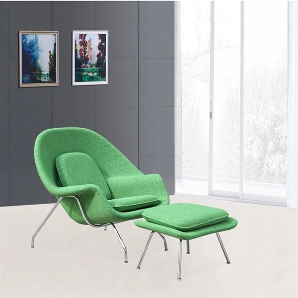 Saarinen Style Wool Fabric Womb Chair w/ Ottoman - Green