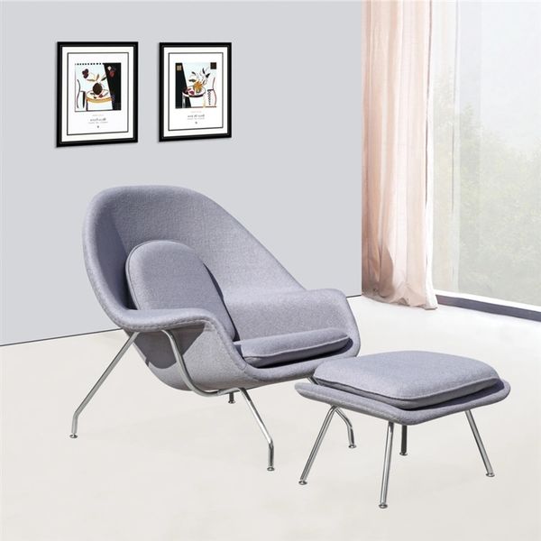 Saarinen Style Wool Fabric Womb Chair w/ Ottoman - Light Gray