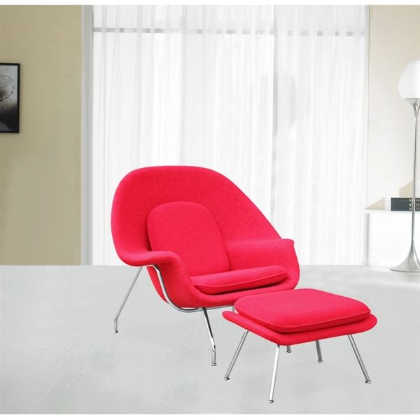 Saarinen Style Wool Fabric Womb Chair w/ Ottoman - Red