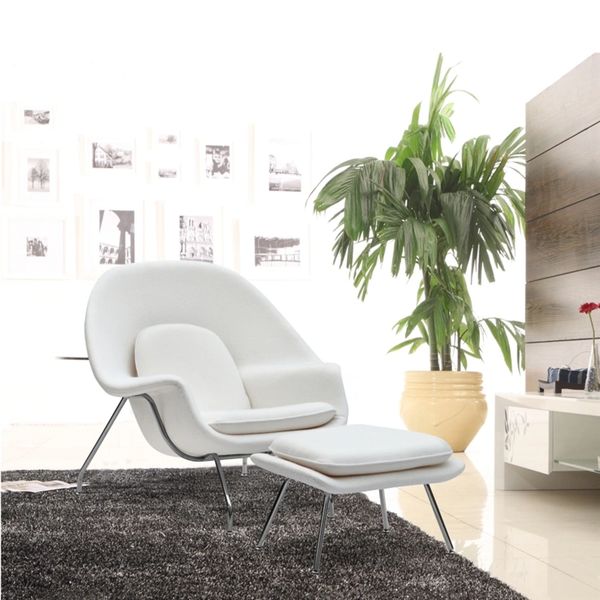 Saarinen Style Wool Fabric Womb Chair w/ Ottoman - White