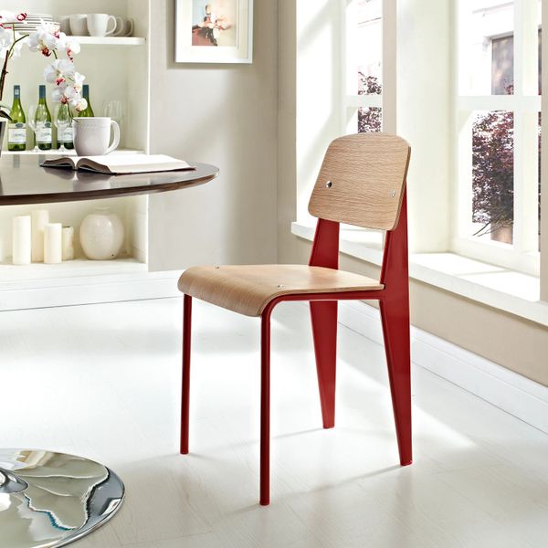 Jean Prouve Style Dining Side Chair - Natural & Red