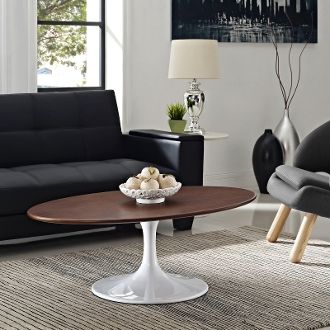 Saarinen Style Oval Walnut Veneer Coffee Table-42"