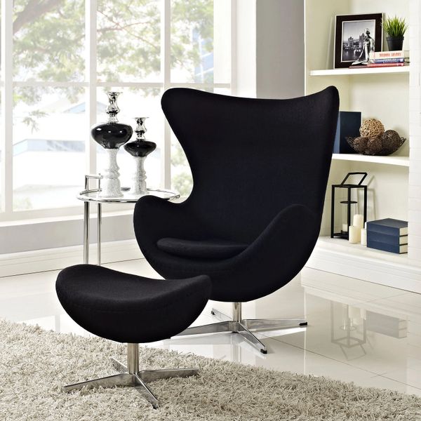 Arne Jacobsen Style Egg Chair w/ Ottoman - Black