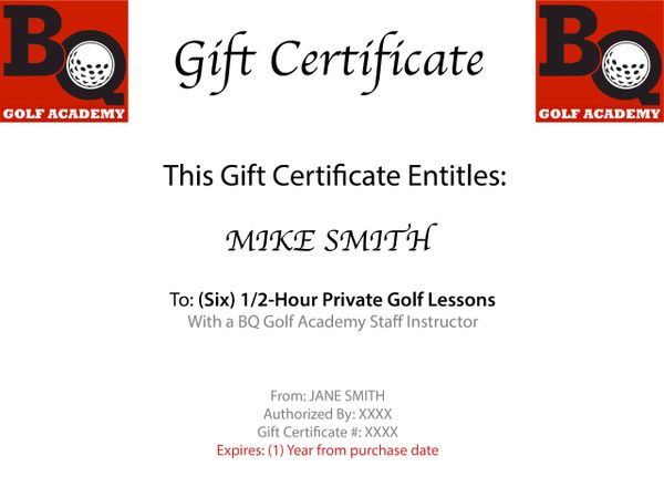 (6-Pack) 1/2-HOUR INDIVIDUAL GOLF LESSONS WITH STAFF